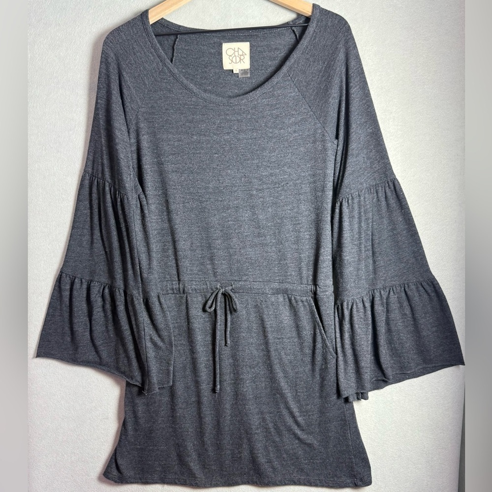 Chaser Brand Mini Dress Grey Heather Dark Gray Tunic Bell Sleeves size S